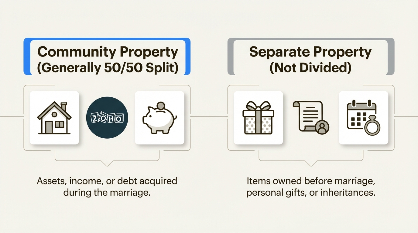 An infographic explaining the difference between community and separate property under California law.