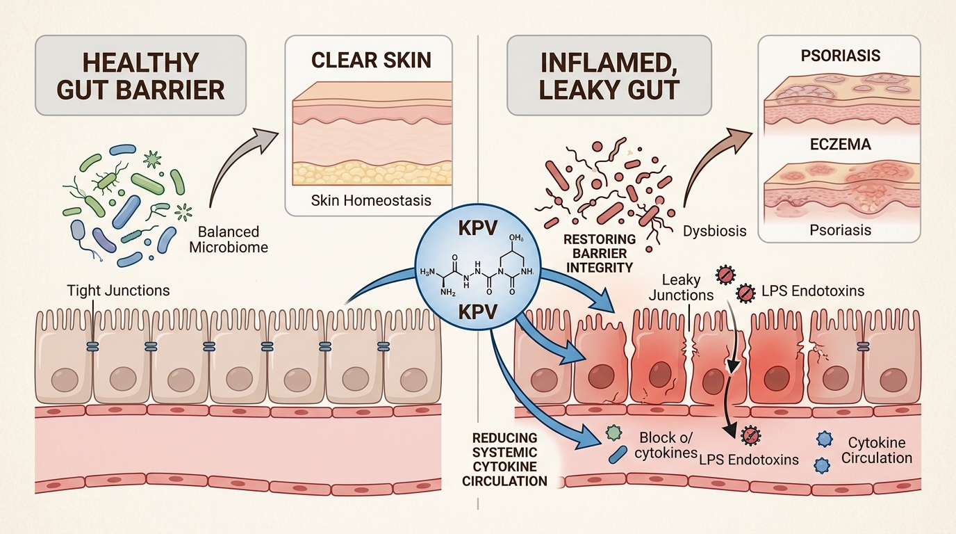 The gut-skin axis illustrates how KPV addresses dermatological issues by first repairing the intestinal barrier and reducing systemic inflammatory triggers.
