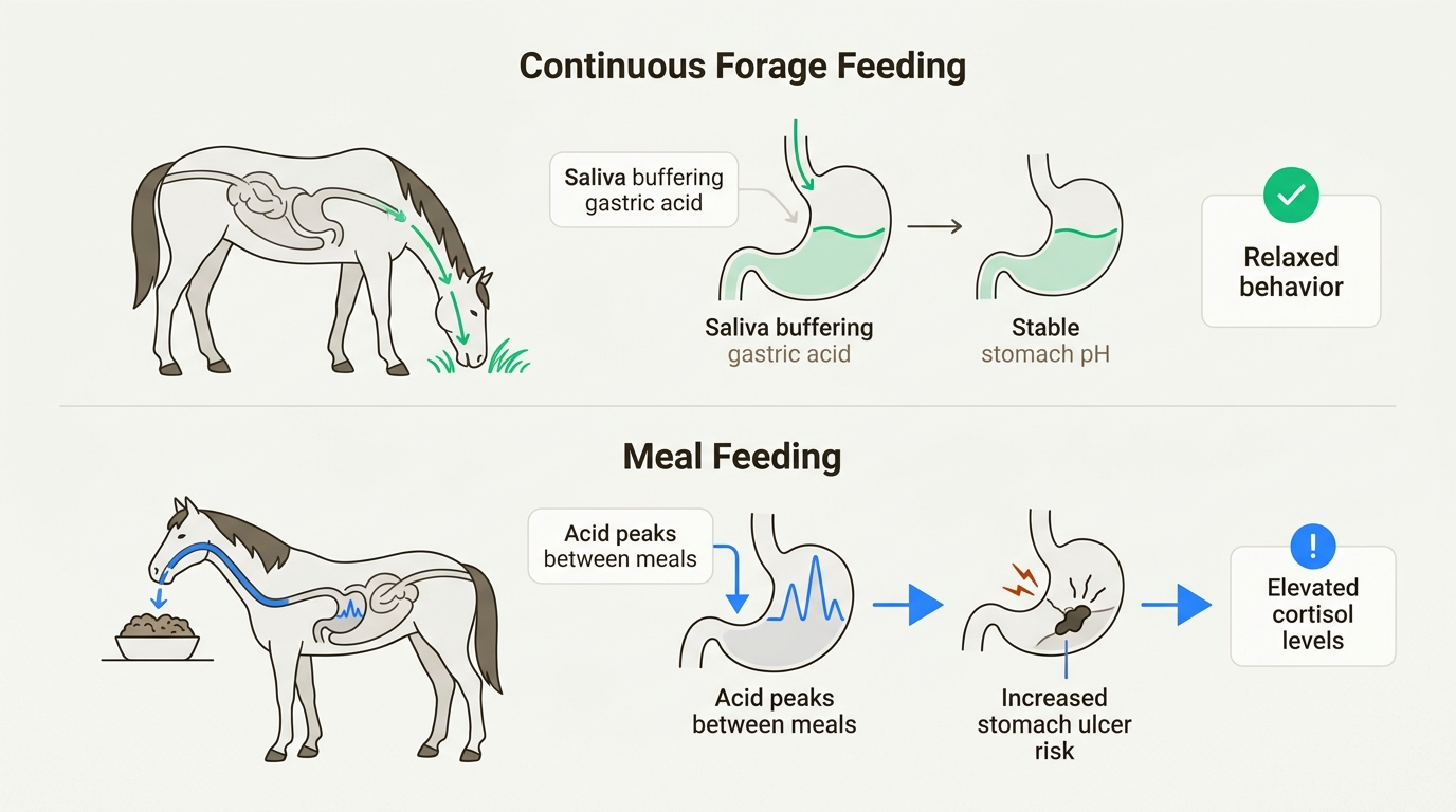 Understanding these physiological differences reveals how continuous forage access protects the stomach lining and reduces stress in horses.