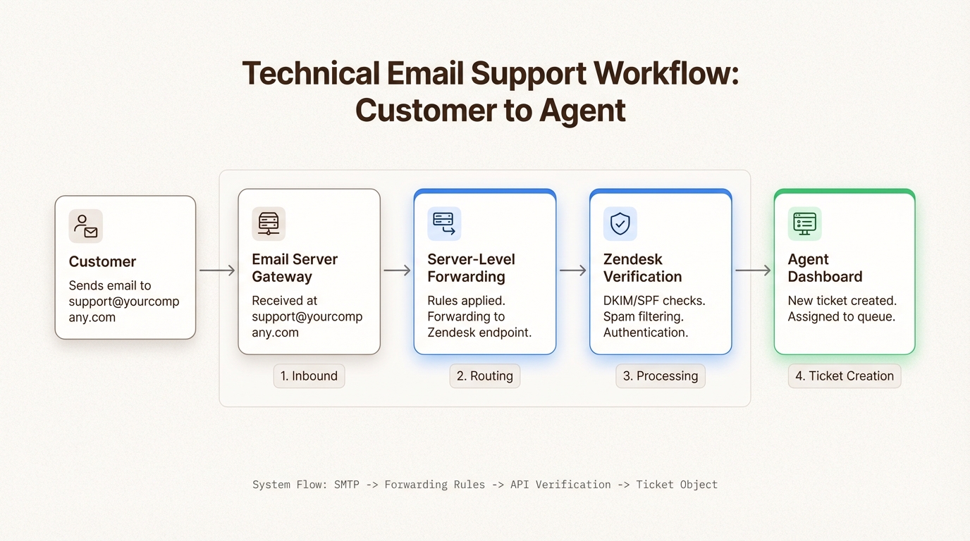 Ce flux de travail garantit que les e-mails personnalisés sont acheminés vers Zendesk tout en préservant les coordonnées du client d'origine pour vos agents de support.