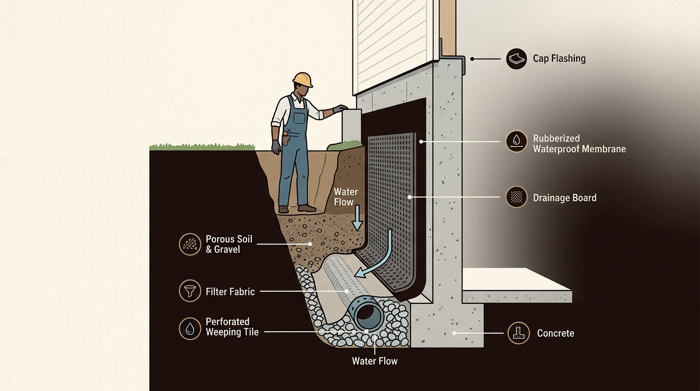 Expert basement waterproofing advice explains how Exterior waterproofing creates a physical barrier that stops water from ever reaching your foundation walls, offering the highest level of protection.