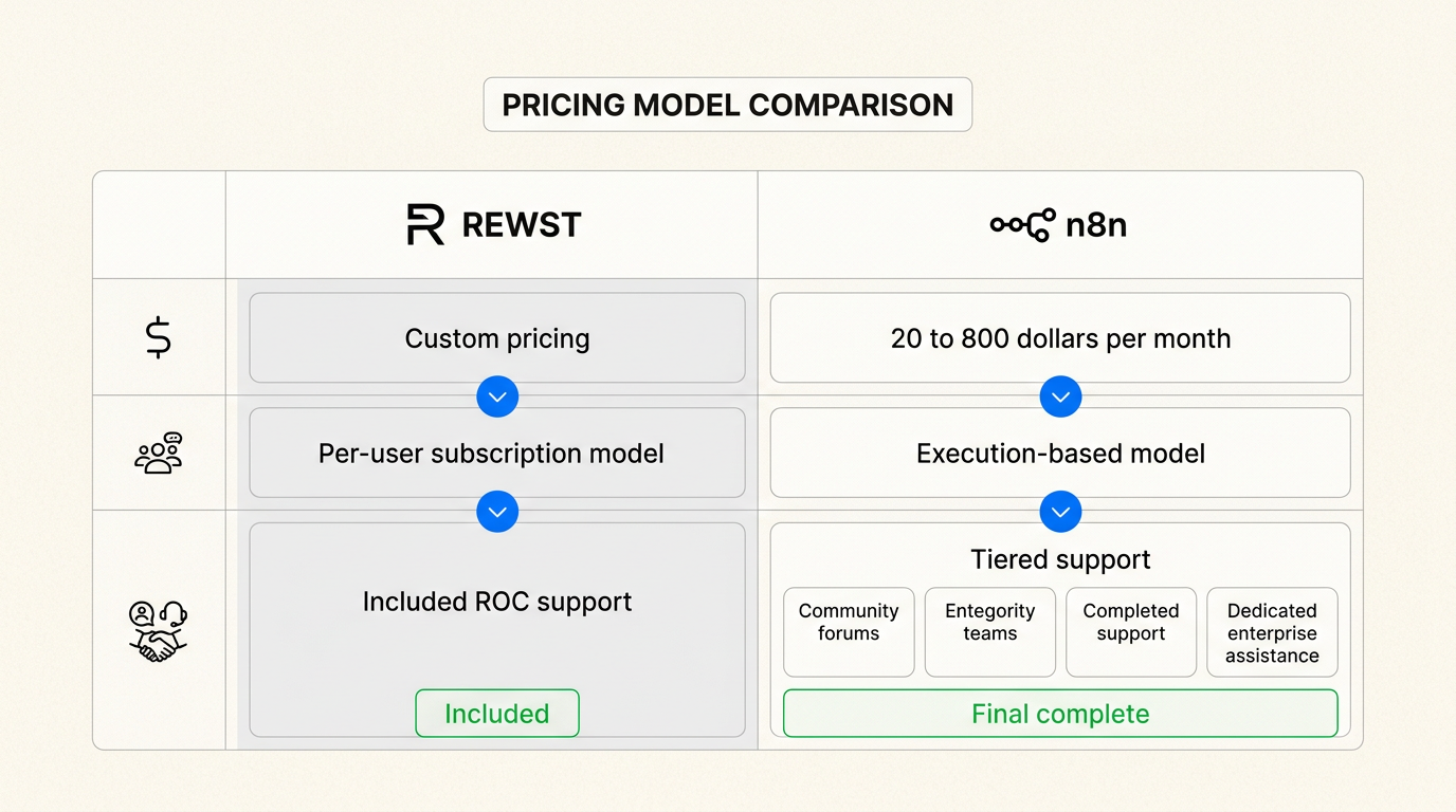 Pricing model comparison showing Rewst's service model versus n8n's execution-based tiers