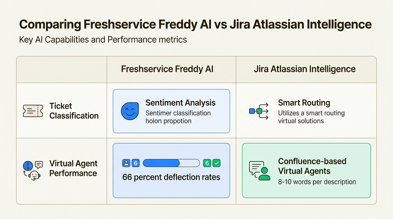 Cette comparaison met en évidence les différences fonctionnelles entre l’IA prête à l’emploi de Freshservice et l’intelligence dépendante de l’écosystème de Jira.