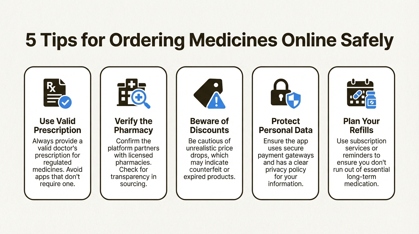 An infographic with five safety tips for ordering from the top 10 medicine delivery companies in India, including using a valid prescription and protecting data.