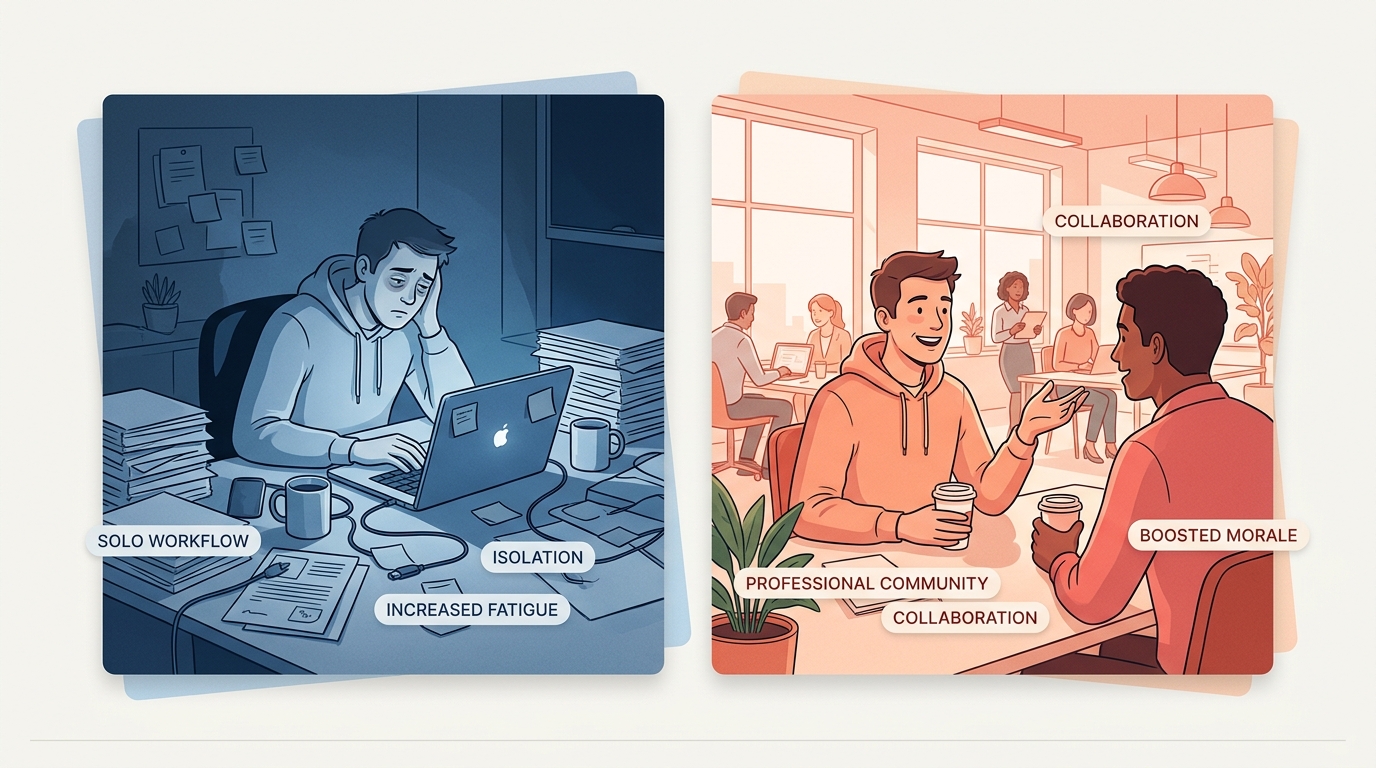 Contrasting the mental fatigue of working in isolation with the creative energy found in professional communities and coworking spaces.