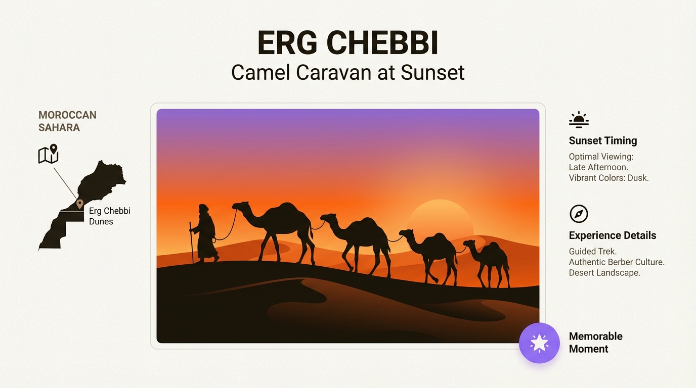 Sunset camel trek into the Sahara dunes