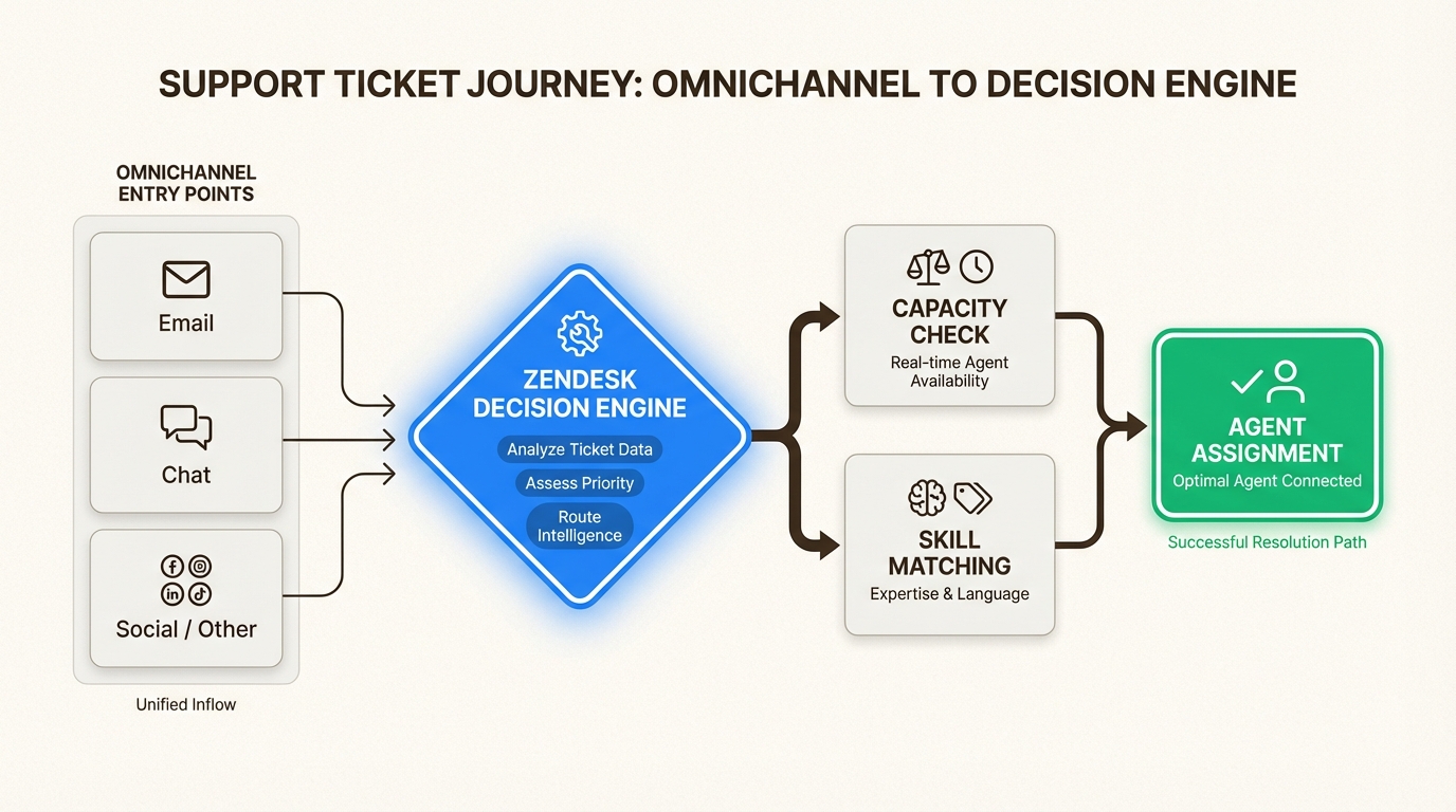Fluxo de roteamento de tickets do Zendesk desde o envio do cliente até a atribuição do agente