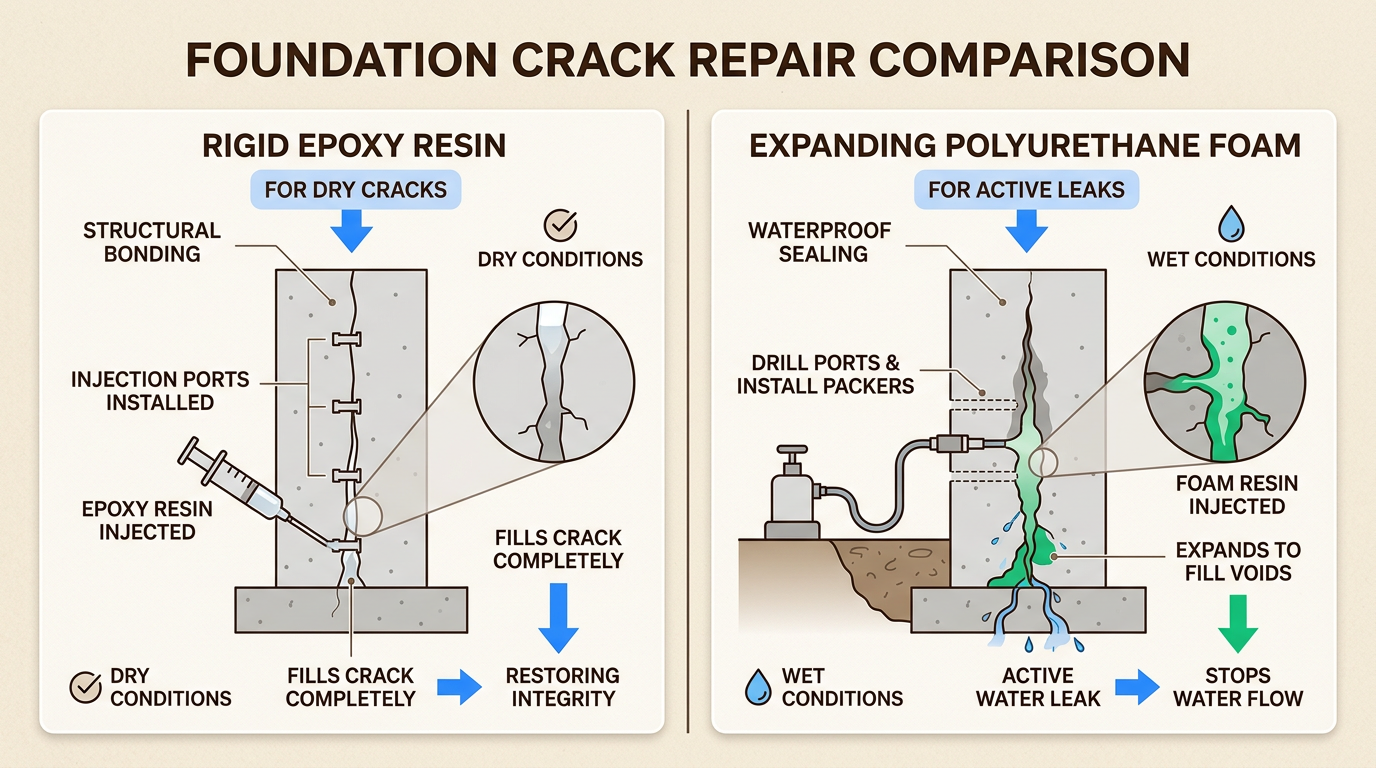 Expert basement waterproofing advice suggests that Choosing between structural epoxy and flexible polyurethane depends on whether the crack is dry or actively leaking water.