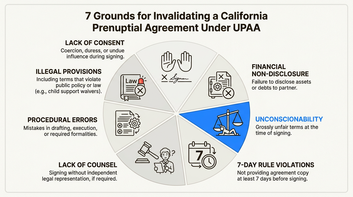 Understanding these seven legal grounds is essential for ensuring a prenuptial agreement remains enforceable under California Family Code.
