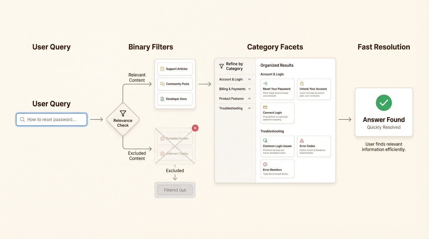 Este recorrido de búsqueda demuestra cómo las facetas y los filtros trabajan juntos para reducir el esfuerzo del cliente y mejorar las tasas de éxito del autoservicio.