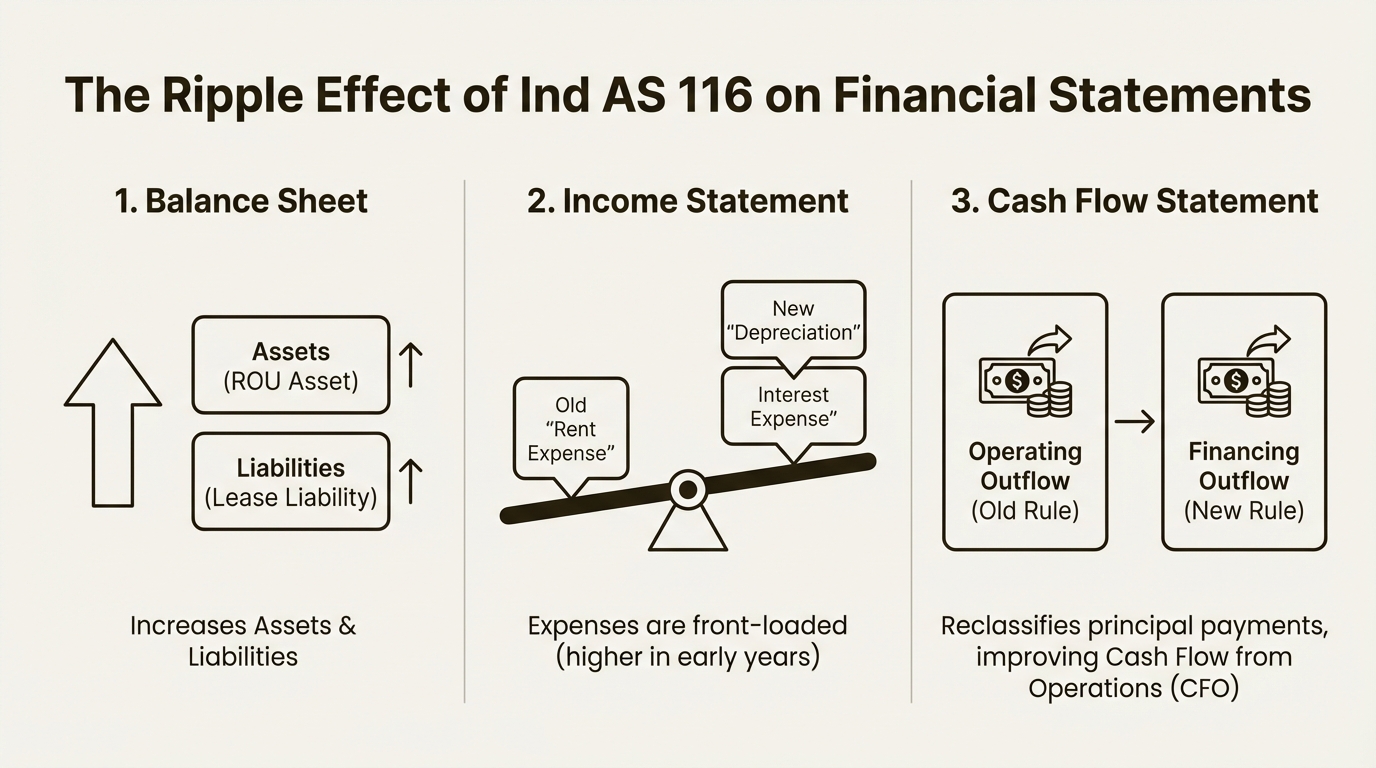 An infographic detailing the impact of Ind AS 116 on the balance sheet, income statement, and cash flow statement, a common topic in Ind AS 116 interview questions.