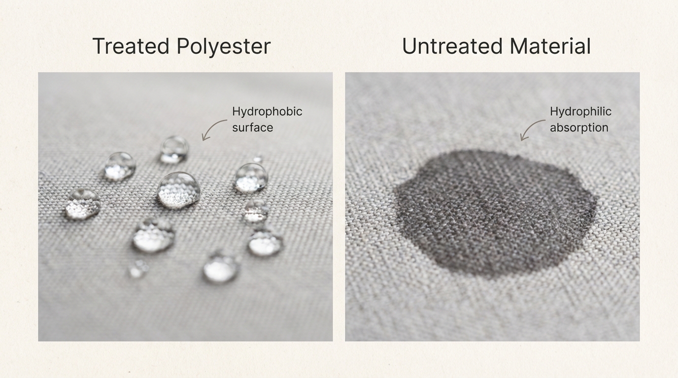 Water droplets beading on fabric during a waterproofing test