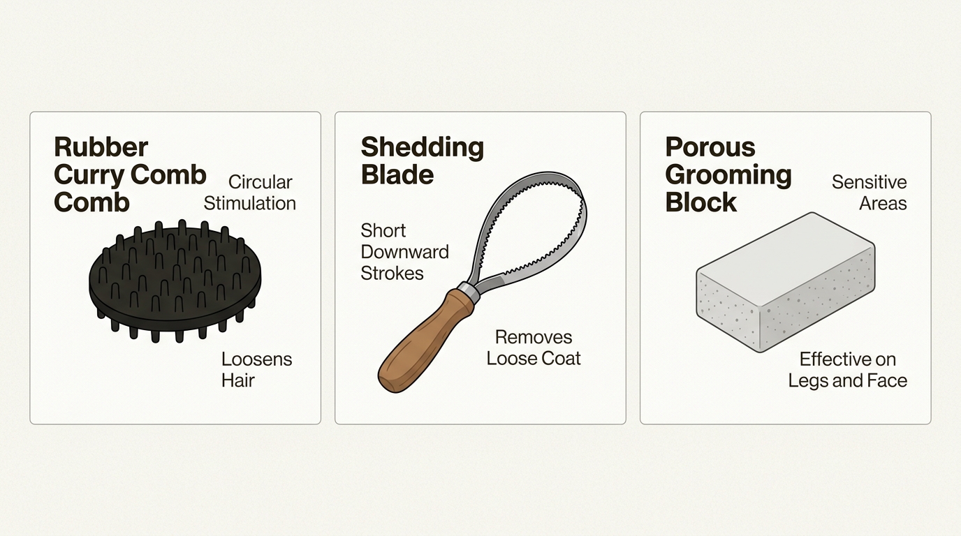 Using specialized tools with the correct technique removes loose hair efficiently while keeping your horse's sensitive spring skin comfortable.