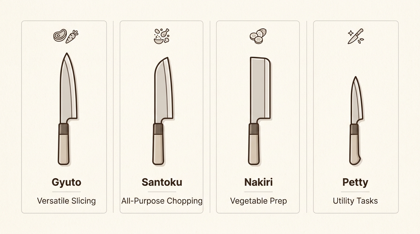 Identify the ideal Japanese knife shape for your cooking style by understanding the unique design and primary use of Gyuto, Santoku, Nakiri, and Petty knives.