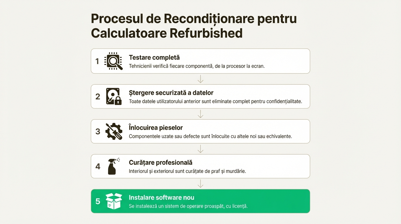 Procesul de recondiționare a calculatoarelor refurbished implică testarea, ștergerea datelor, înlocuirea pieselor, curățarea și instalarea de software nou.