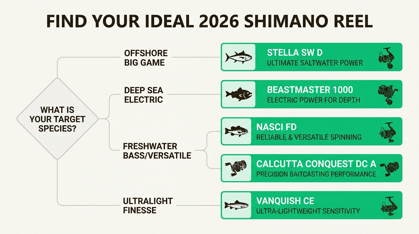 Use this visual guide to quickly identify the best 2026 Shimano reel for your specific fishing technique and target environment.