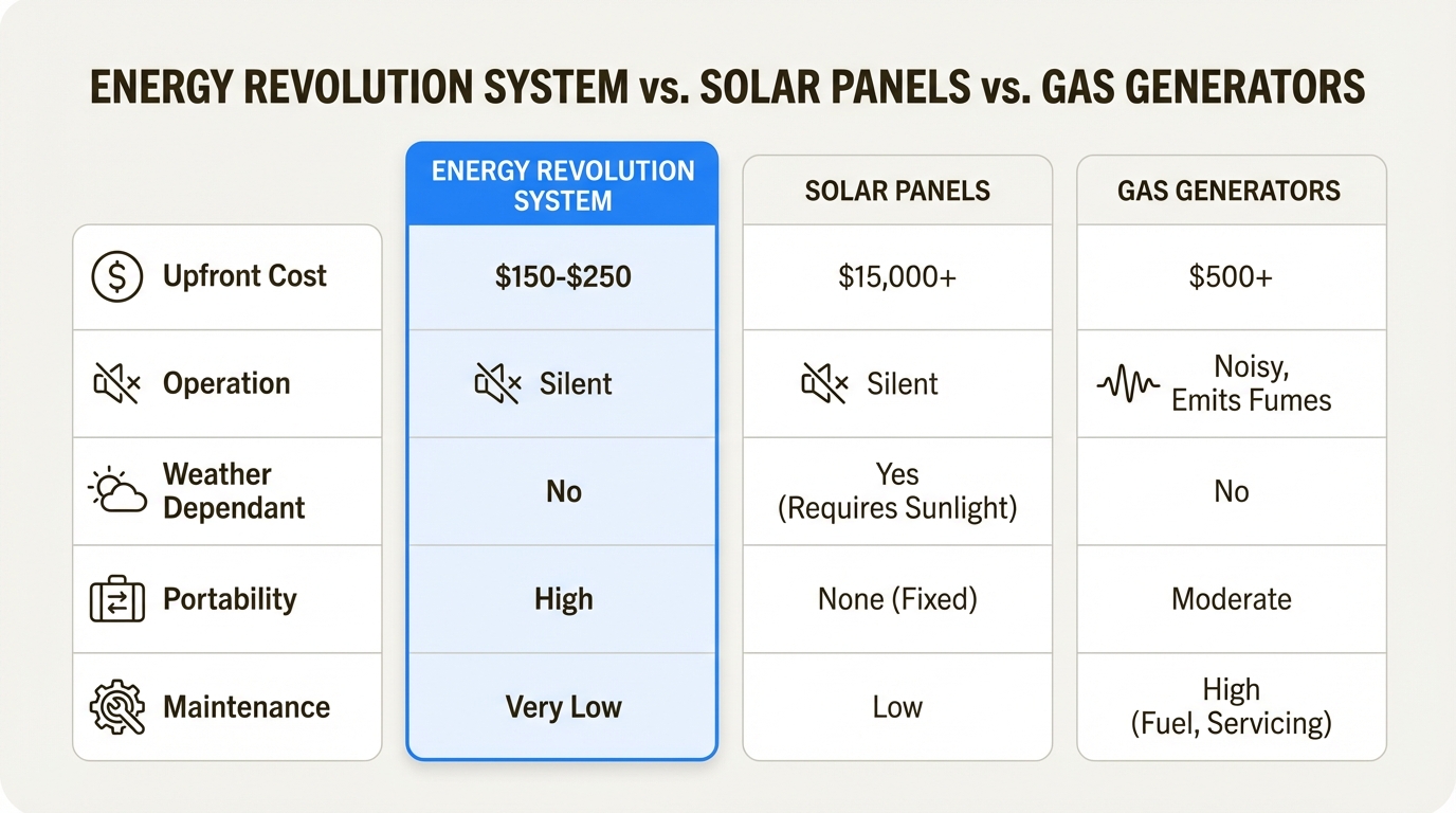 A comparison infographic showing the costs and features of the Energy Revolution System compared to solar panels and gas generators.