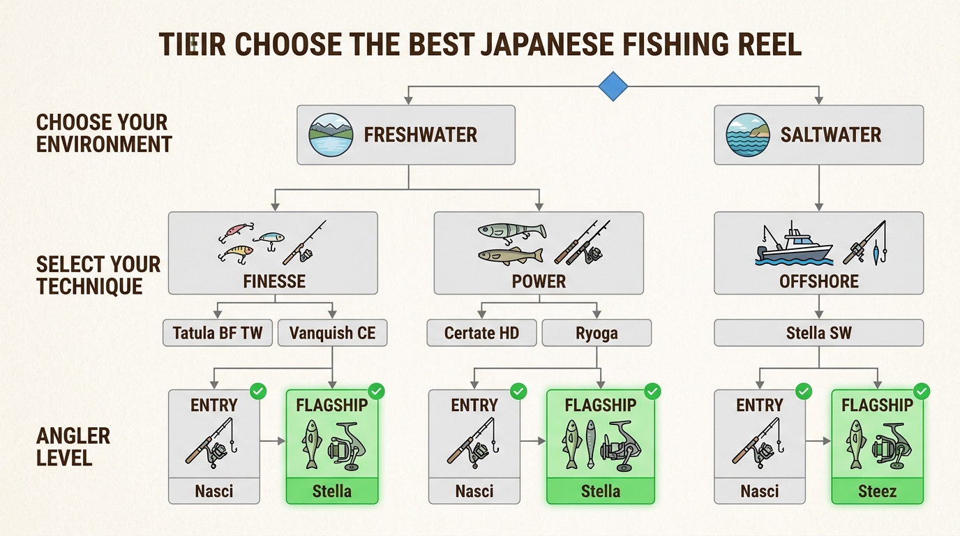 This decision flowchart helps anglers navigate various environments, techniques, and skill levels to select the ideal Japanese fishing reel.