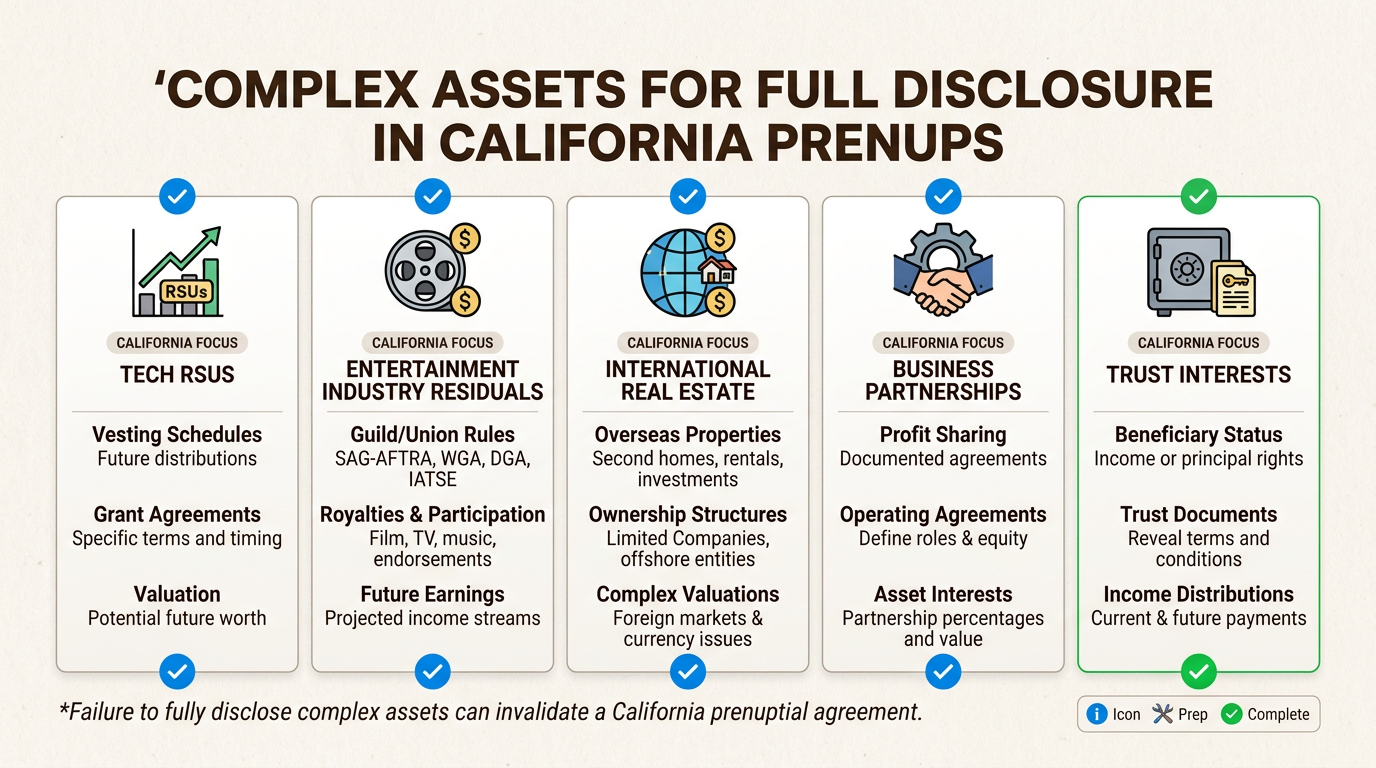 Full disclosure of complex assets like stock options and business interests is vital to prevent future claims of financial concealment.