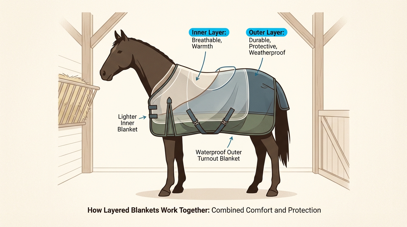 Properly layered blankets on a horse demonstrate the concept of trapped air insulation
