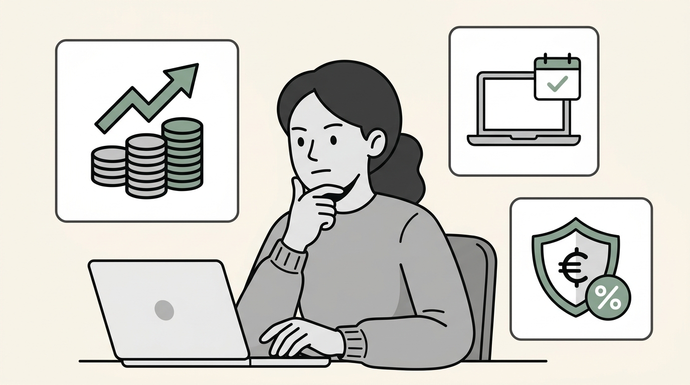 Thoughtful freelancer on laptop considering asset depreciation tax deductions, growth, and tax savings.