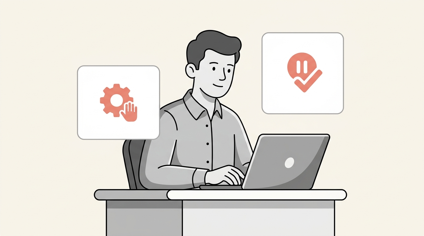 A guide banner illustrating the human-in-the-loop control pattern: an AI workflow paused at a review checkpoint awaiting human sign-off.
