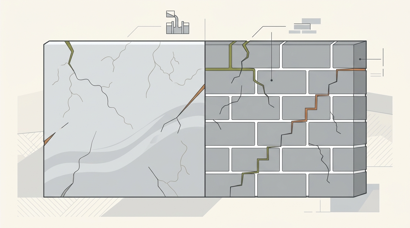 Comparison of poured concrete crack and a cinderblock foundation crack. 