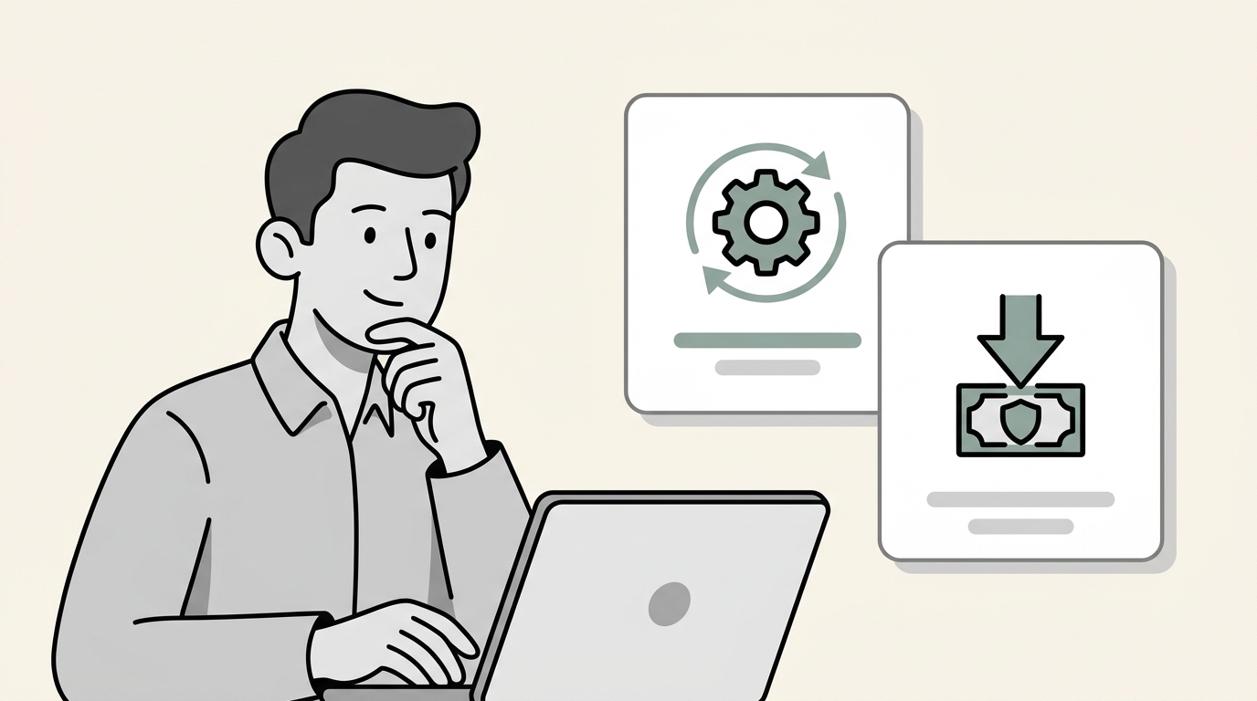 Self-employed freelancer thoughtfully uses a laptop for real-time deduction tracking, visualizing savings.