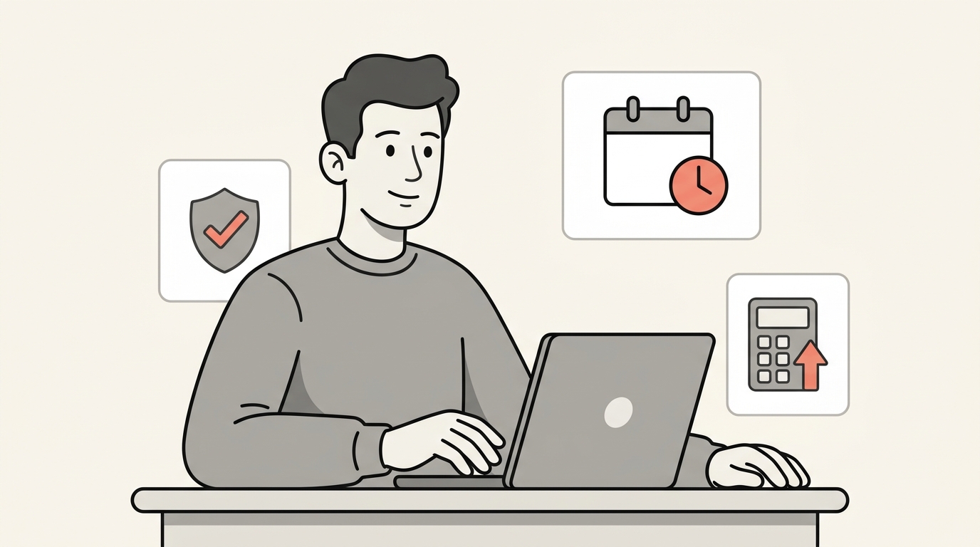 Freelancer calculating taxes, with icons for protection, deadlines, and growing income; avoid IRS quarterly tax penalties.