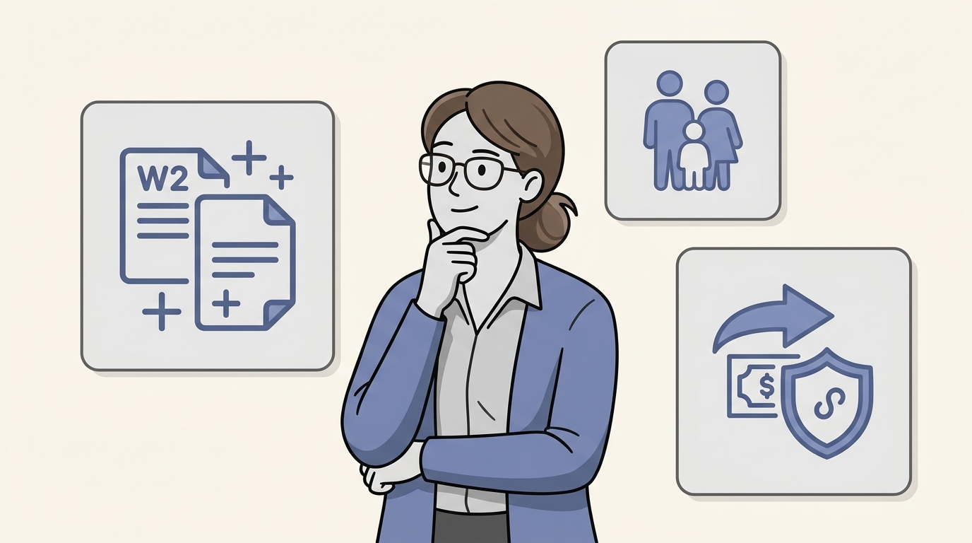 Freelancer considering a SnapTax April 2026 update, with W2+1099, family, and tax protection symbols.