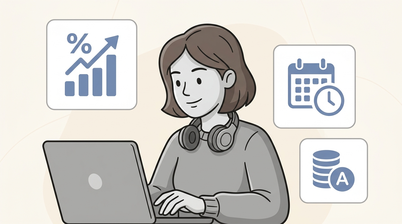 Freelancer using a laptop for real-time quarterly tax tracking with icons for growth, deadlines, and savings.