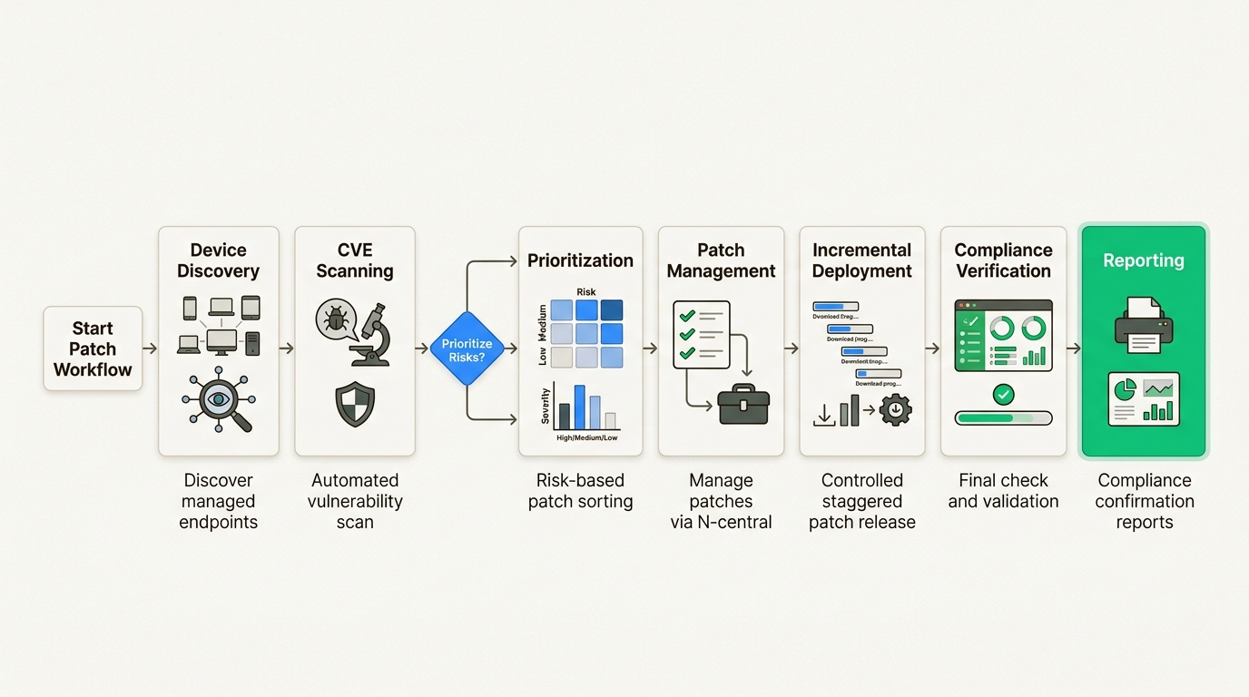 N-central's risk-driven patching workflow automates the transition from vulnerability identification to verified remediation, ensuring consistent security compliance across client networks.