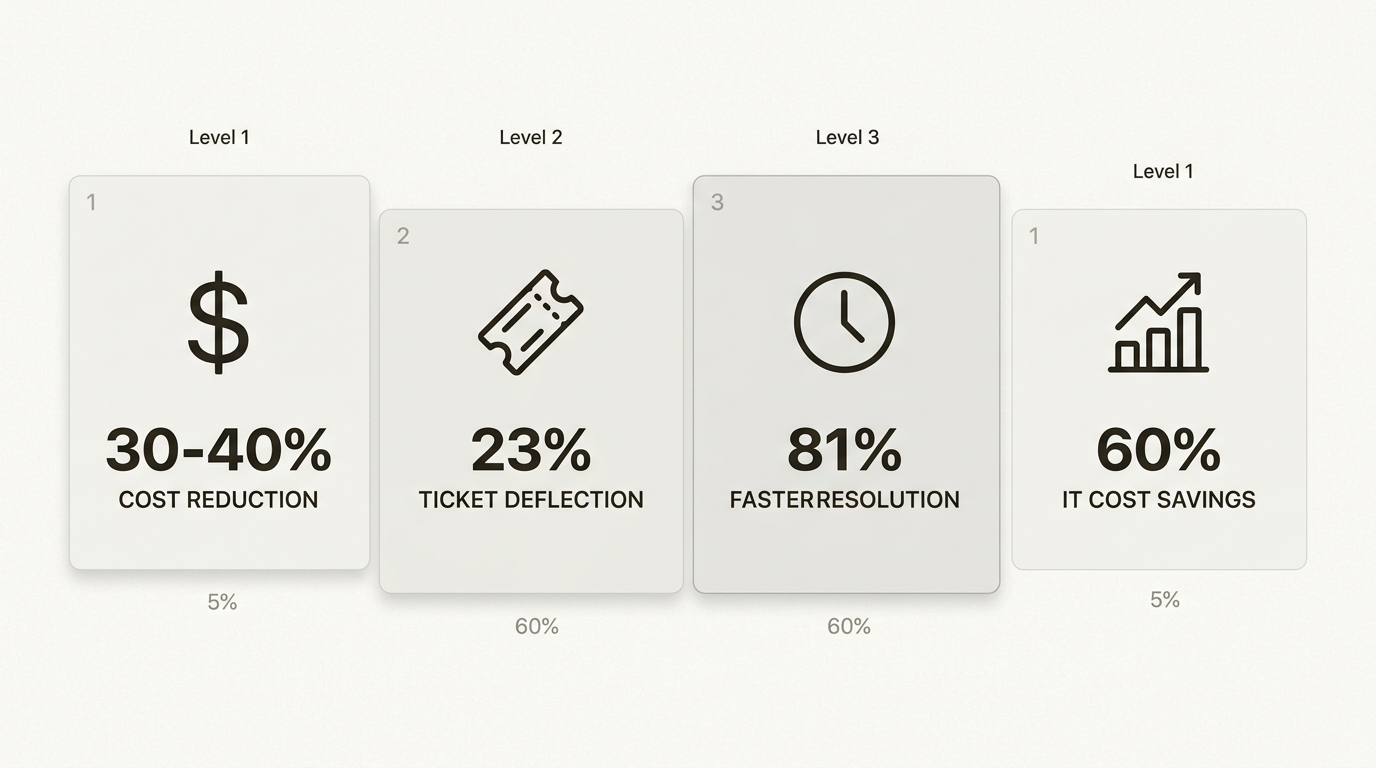 La implementación de un portal de autoservicio conduce a ganancias medibles significativas en la eficiencia de la mesa de ayuda y el ahorro general de costos operativos.