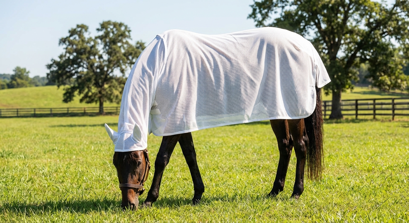 Horse wearing a mesh fly sheet grazing comfortably in a sunny pasture during fly season