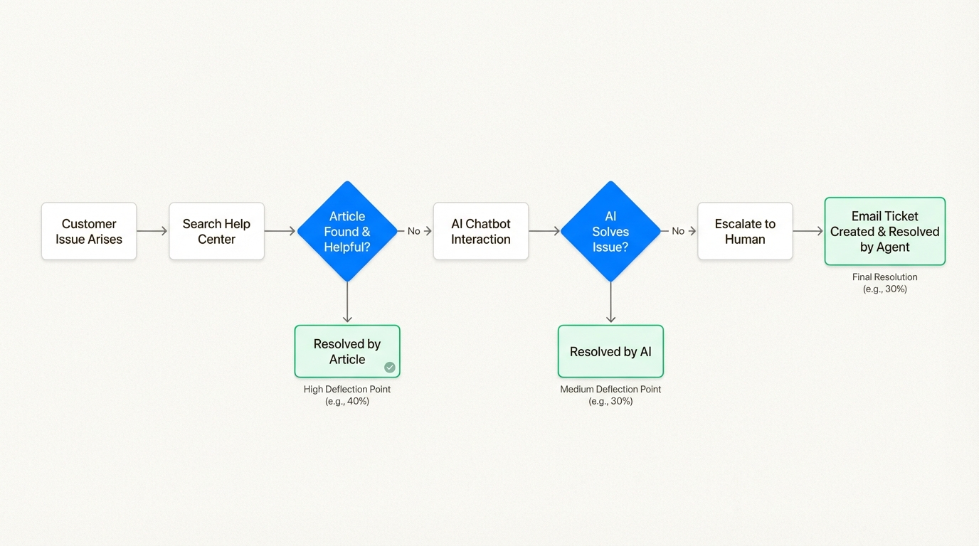 Kundenreise-Flussdiagramm, das Self-Service-Navigationspfade und Strategien zur Verhinderung der Ticket-Eskalation zeigt.