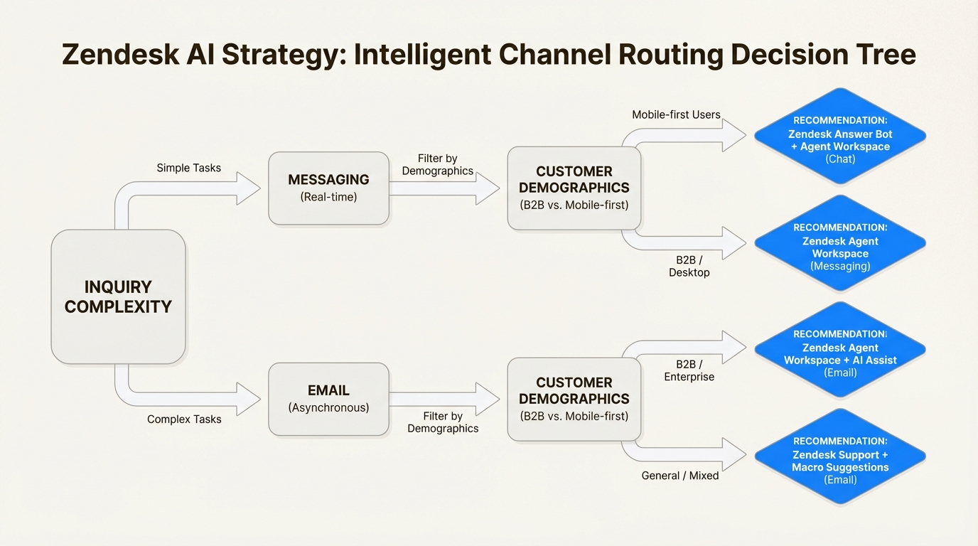 Fluxograma de decisão para escolher entre agentes de IA de mensagens e e-mail