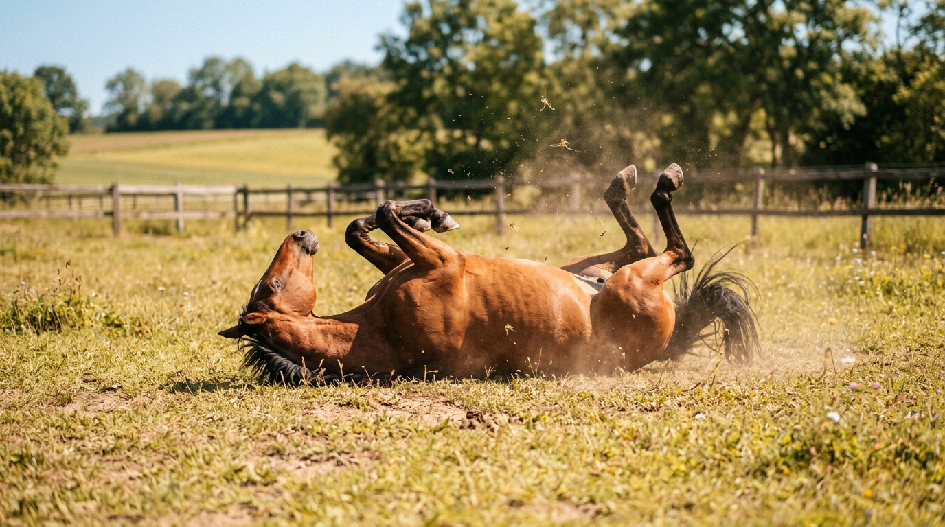 Rolling is a vital instinctive behavior that supports a horse's physical comfort and mental relaxation in their natural environment.