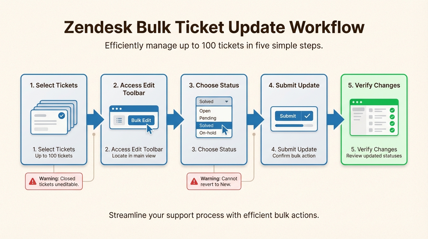 Dieser fünfstufige Workflow gewährleistet genaue Massenstatusänderungen und navigiert gleichzeitig durch das native 100-Ticket-Limit und die Statuseinschränkungen von Zendesk.