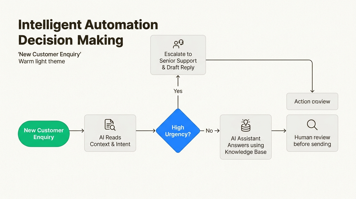 See how intelligent automation processes customer inquiries, making smart decisions on urgency and routing to streamline support operations.