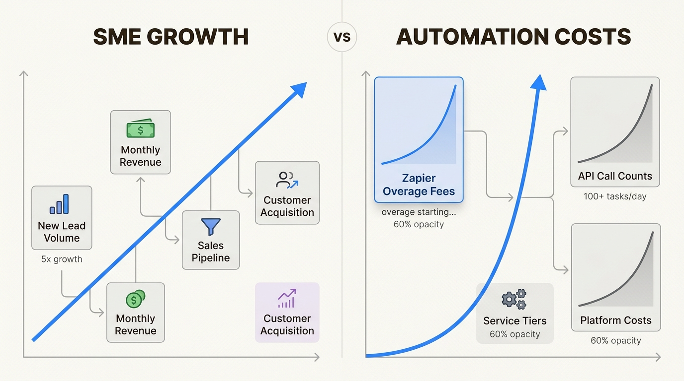 This flowchart illustrates how per-task pricing models, like Zapier's, can turn business growth into a disproportionate 'success tax' for Australian SMEs.
