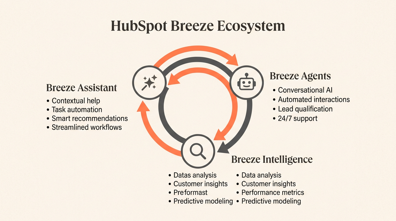 Esta arquitectura unificada muestra cómo Breeze integra las capas de asistente, agente e inteligencia para proporcionar una experiencia de IA perfecta en todo el CRM.