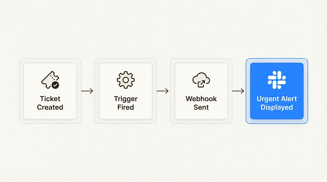 Dieses Workflow-Diagramm veranschaulicht, wie Zendesk-Auslöser und Webhooks die Lücke zwischen der Ticketerstellung und Echtzeit-Slack-Benachrichtigungen schließen.