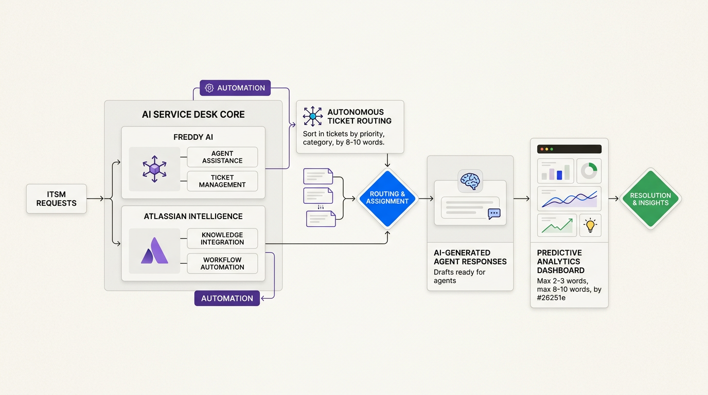 Recursos de IA como Freddy AI e Atlassian Intelligence automatizam o tratamento de tickets de rotina para aumentar a eficiência da central de serviços.