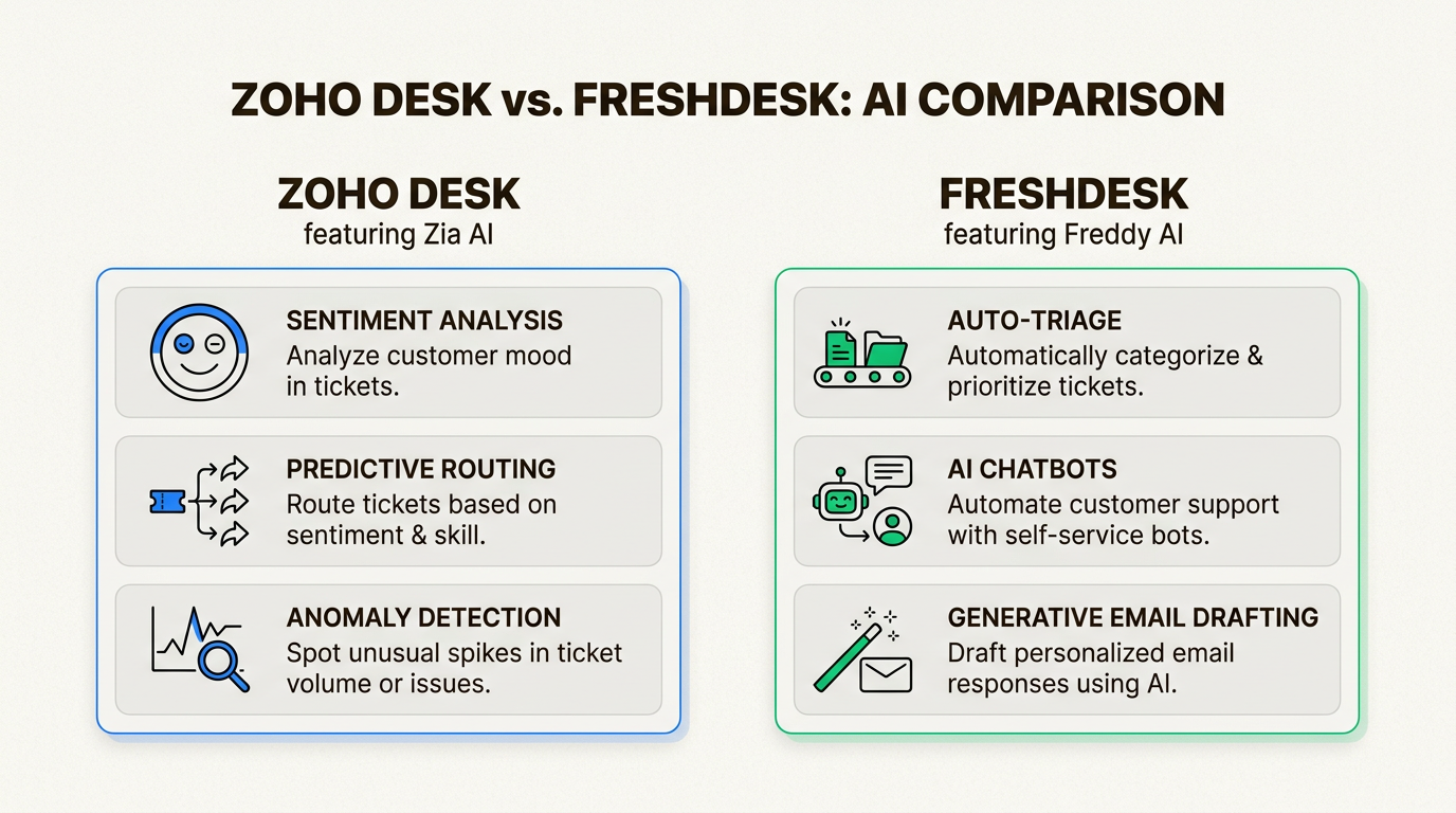 Comparación de las fortalezas analíticas de Zoho Zia frente a las capacidades de automatización generativa de Freshdesk Freddy