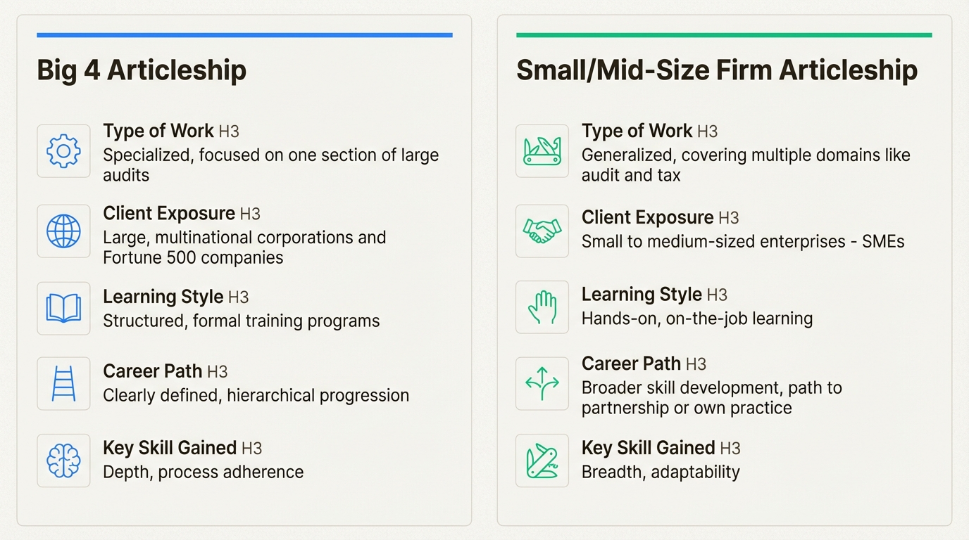 An infographic comparing the key differences in experience gained at Big 4 versus small or mid-size firms.