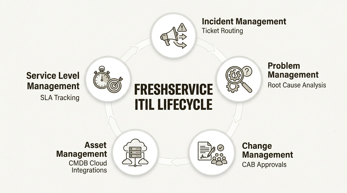 Ciclo de vida de la gestión de servicios de TI que conecta incidentes, problemas y activos