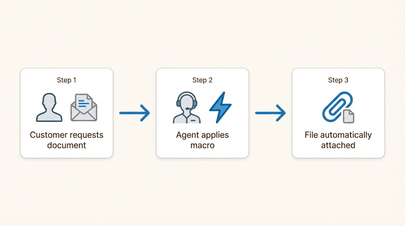 Los archivos adjuntos de las macros eliminan la búsqueda manual de archivos para que los agentes respondan a las solicitudes comunes al instante