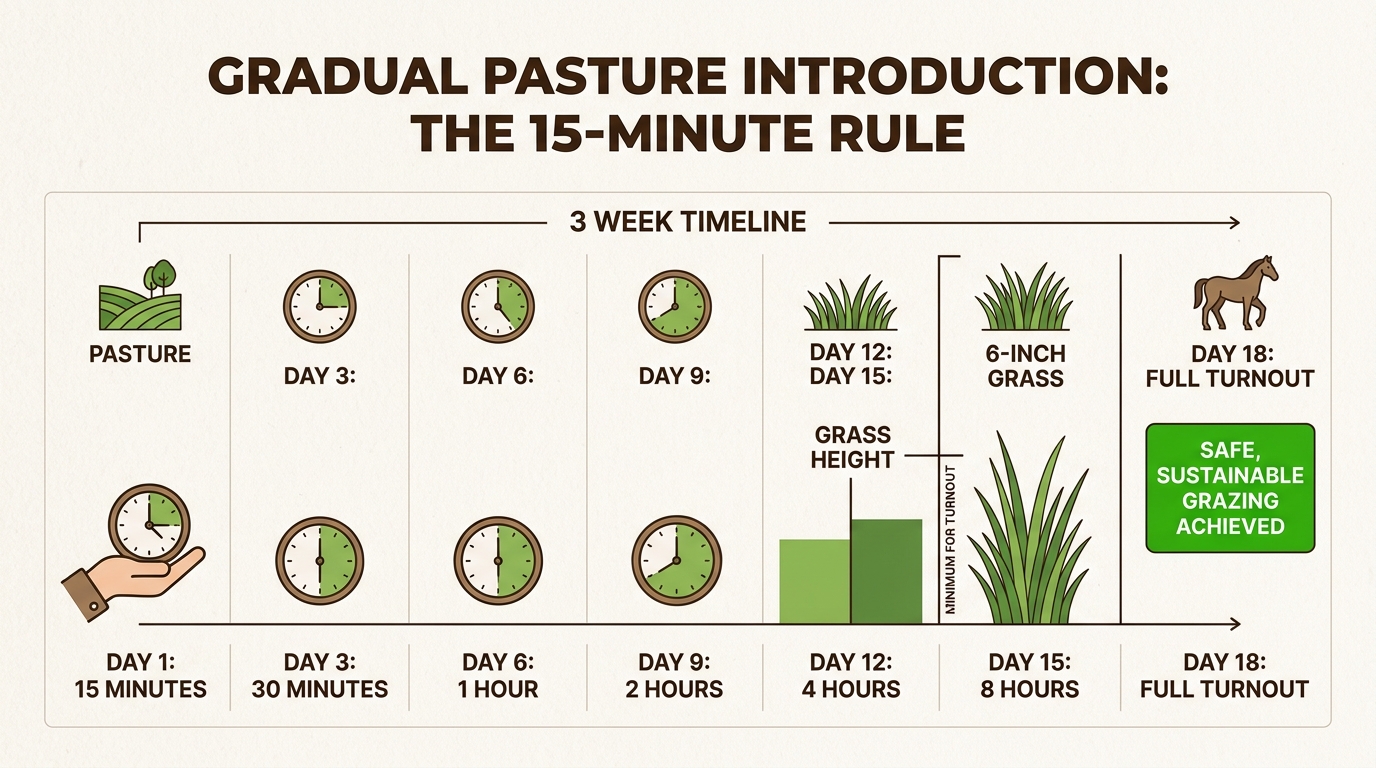 A structured grazing schedule protects your horse's delicate hindgut microbes from the high sugar content found in lush spring grass.