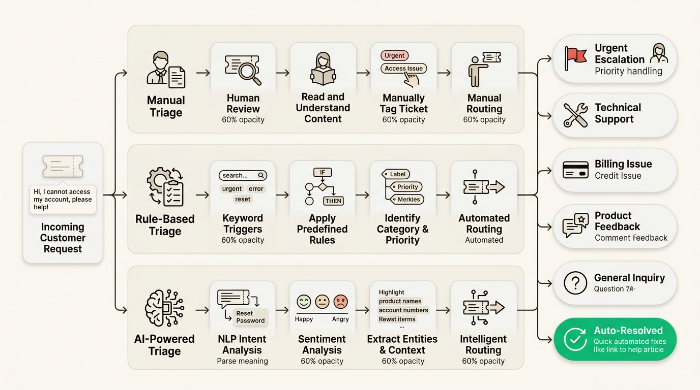 Fluxos de trabalho de tickets manuais versus fluxos de trabalho de tickets com tecnologia de IA mostrando a detecção automatizada de intenção
