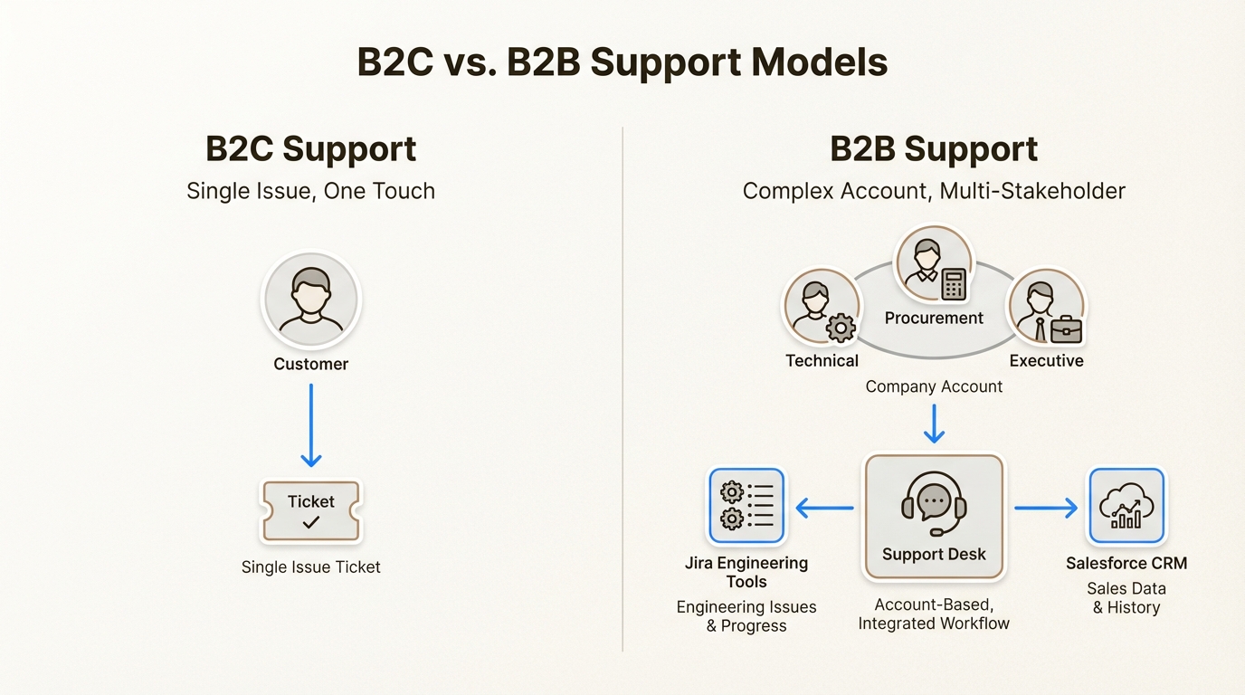 A complexidade do suporte B2B decorre do gerenciamento de contas com vários stakeholders e da sincronização de dados entre as plataformas de CRM e engenharia